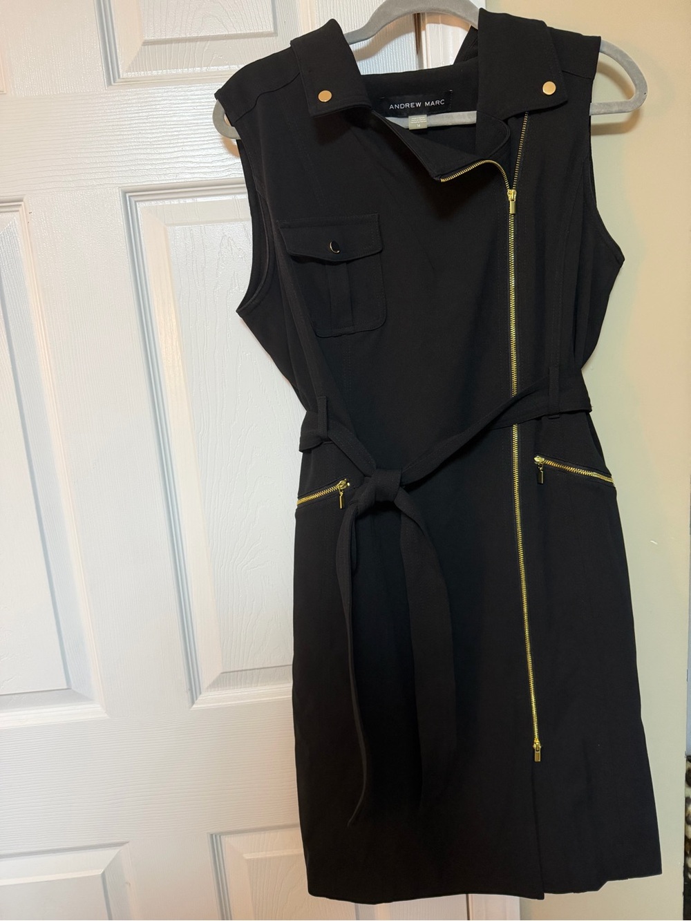 Andrew Marc Black Sleeveless Belted Dress with Gold Zippers
